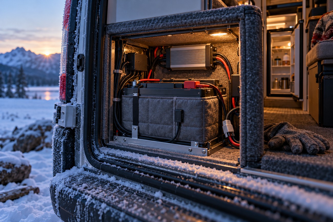 An auxiliary battery and inverter system neatly installed in a custom compartment inside a camper van with a snowy mountain view outside