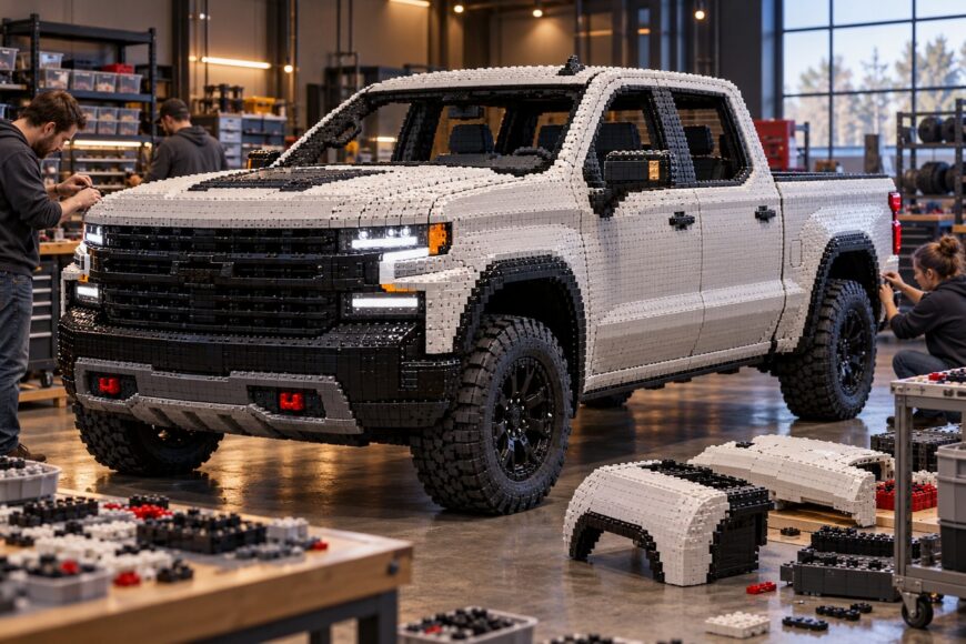 Builders assembling a life-size Chevy Silverado truck made of LEGO bricks inside a workshop