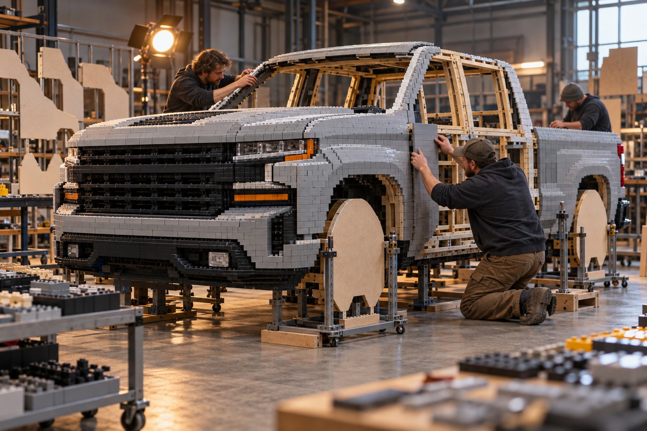 Builders carefully assembling a life-size Chevy Silverado truck made entirely of LEGO bricks in a workshop