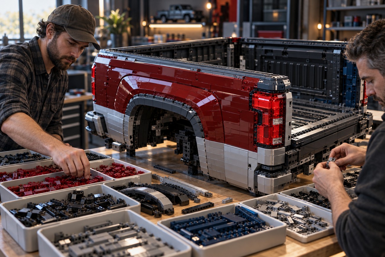 Two men working in a workshop sorting bricks and assembling the rear section of a life-size Chevy Silverado made of LEGO