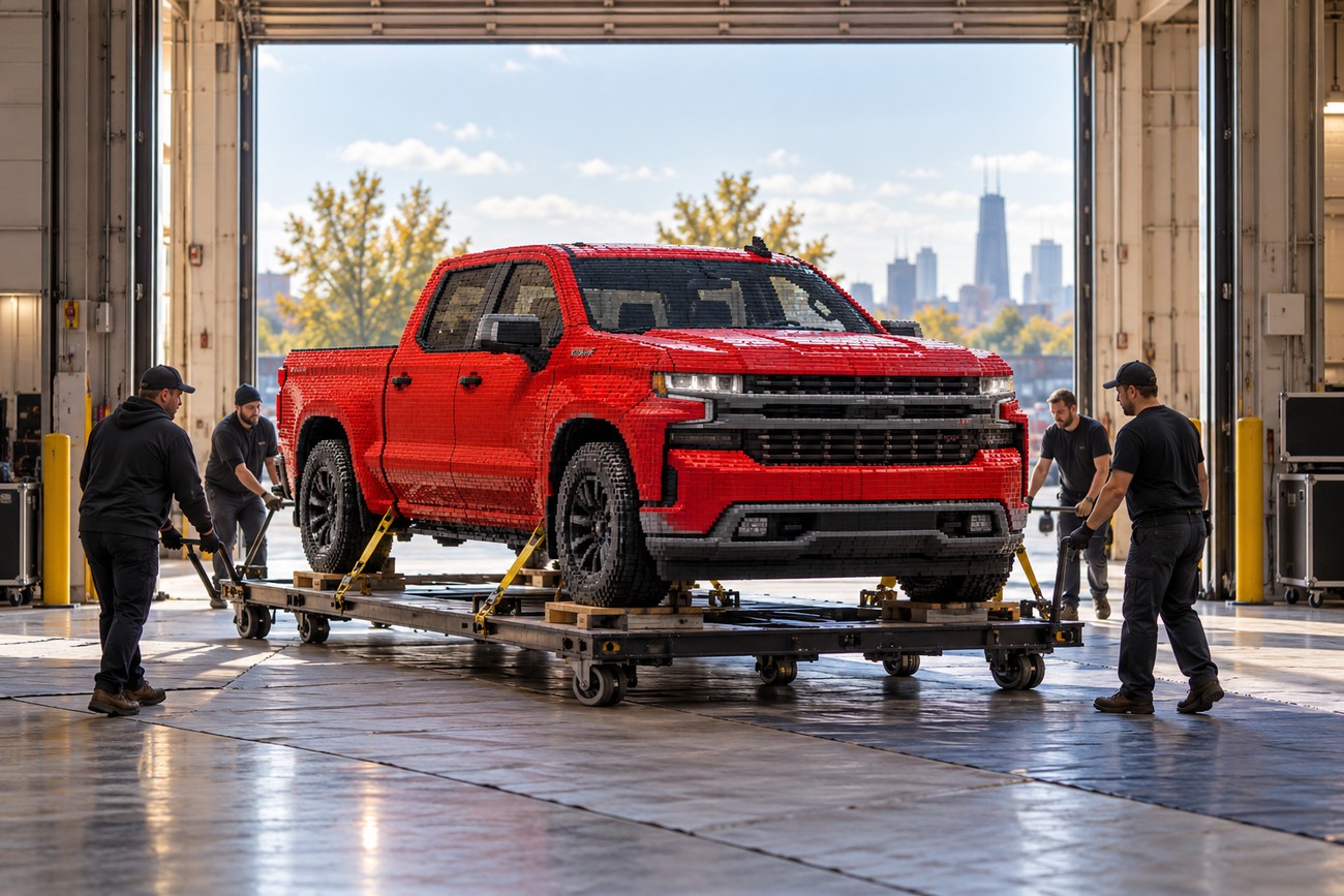 Workers pushing a large platform carrying a life-size red Chevy Silverado truck made of LEGO bricks in a garage