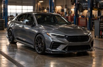 A grey sports sedan with a custom aerodynamic body kit parked inside a professional garage workshop