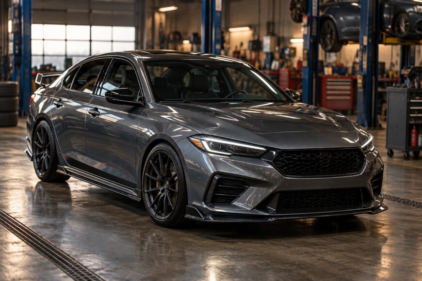 A grey sports sedan with a custom aerodynamic body kit parked inside a professional garage workshop