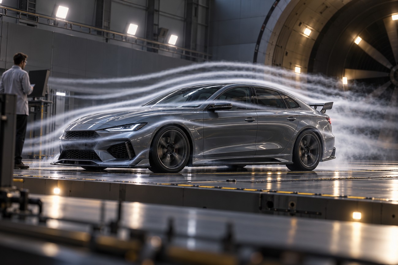 A grey sports sedan with an aerodynamic body kit being tested in a large wind tunnel with smoke streams showing airflow over the car