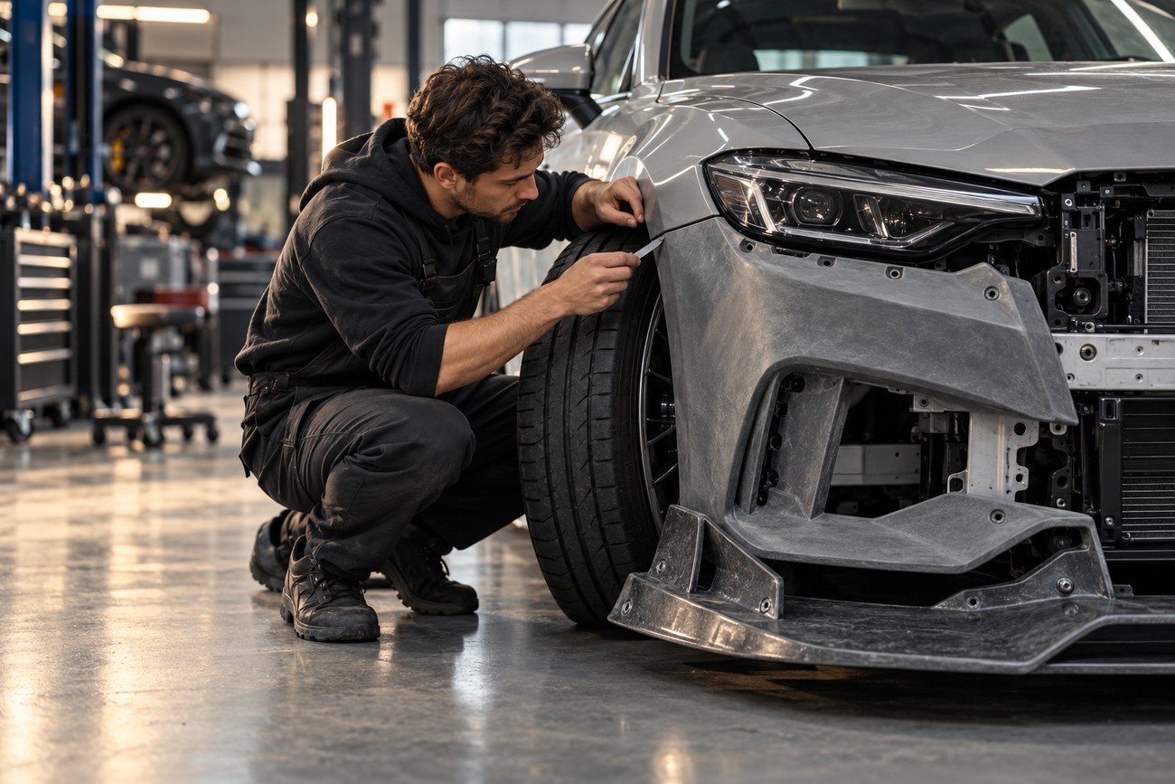 A professional mechanic in a workshop meticulously installing an aerodynamic body kit onto the front bumper of a sports car