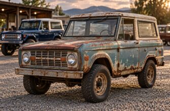 A heavily rusted first-generation Ford Bronco with faded paint parked outdoors on a gravel lot during golden hour