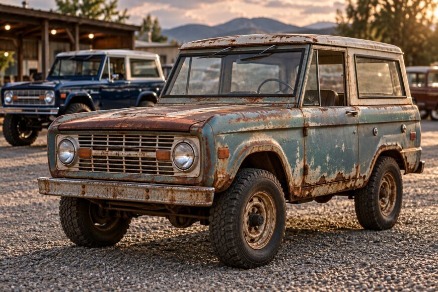 A heavily rusted first-generation Ford Bronco with faded paint parked outdoors on a gravel lot during golden hour