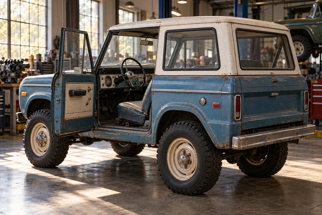 Classic blue first-generation Ford Bronco with a white hardtop parked inside a rustic auto repair garage