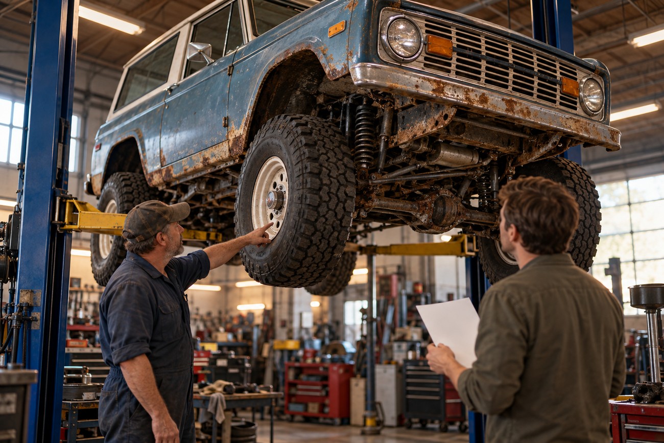 Mechanic pointing at the tire of a rusty classic first-generation Ford Bronco lifted on a hydraulic hoist in a workshop