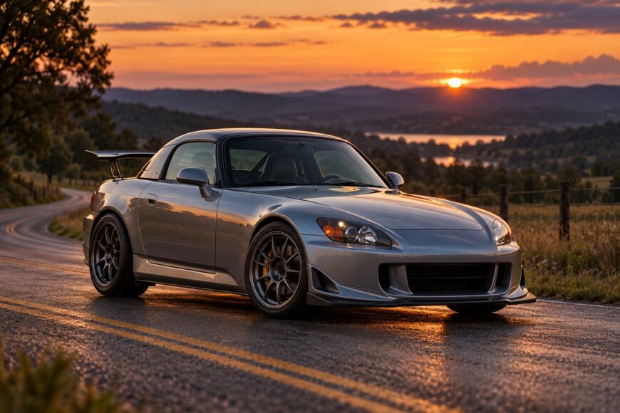 A silver Honda S2000 CR parked on a winding asphalt road during a dramatic sunset with distant hills
