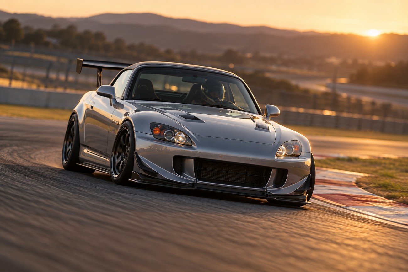 Silver Honda S2000 CR sports car cornering on a racetrack during a warm sunset with mountains in the background