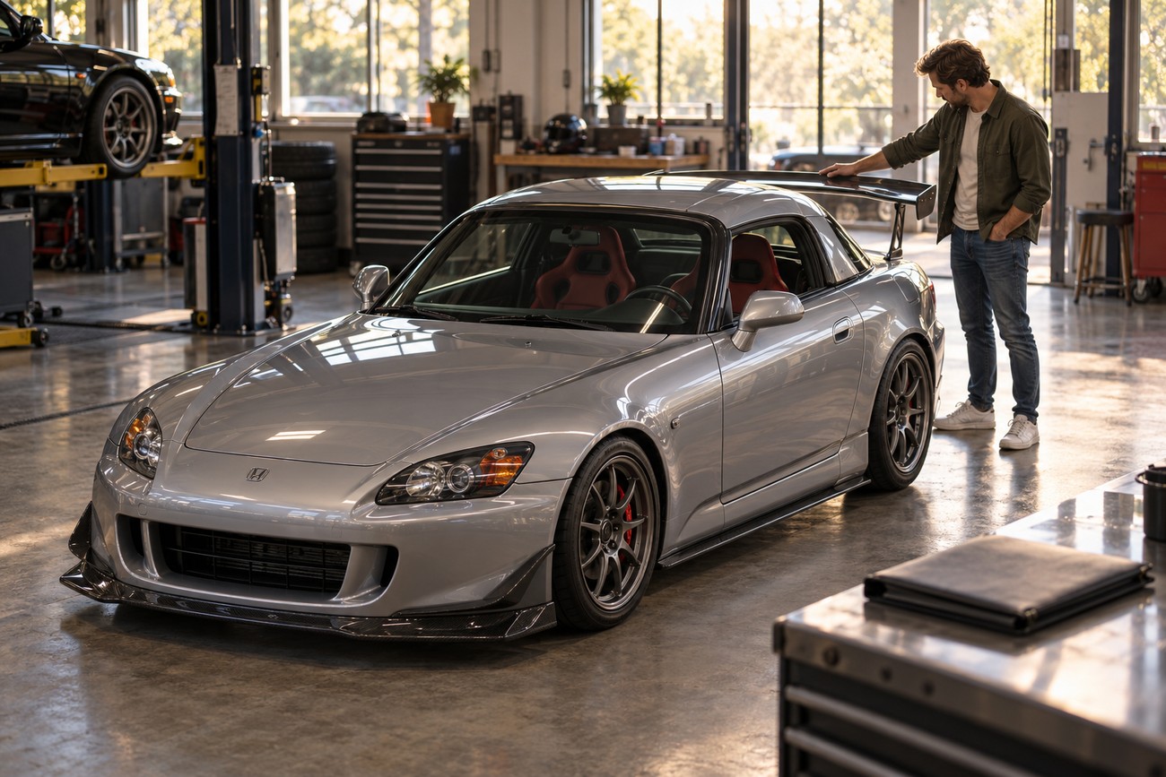 A man stands next to a silver Honda S2000 CR sports car touching its large rear wing inside a bright garage