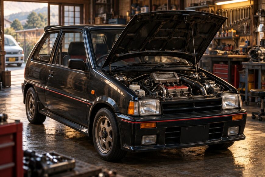 A black Mitsubishi Minica Dangan kei car with its hood open in a workshop garage