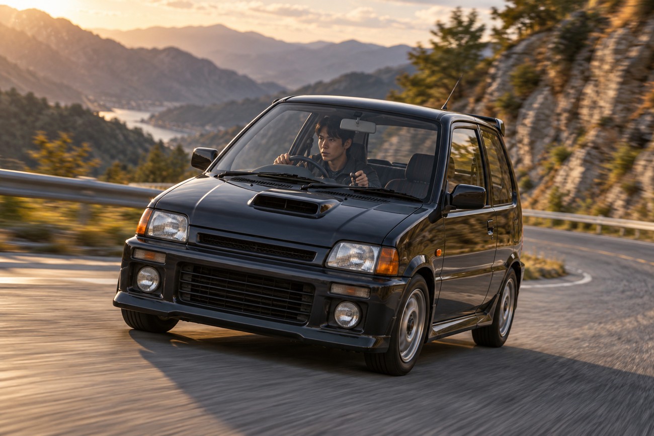 A man driving a black Mitsubishi Minica Dangan kei car along a winding mountain road at sunset