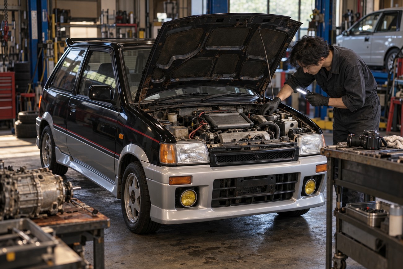 A mechanic in black overalls inspecting the open engine bay of a black and silver Mitsubishi Minica Dangan in a workshop