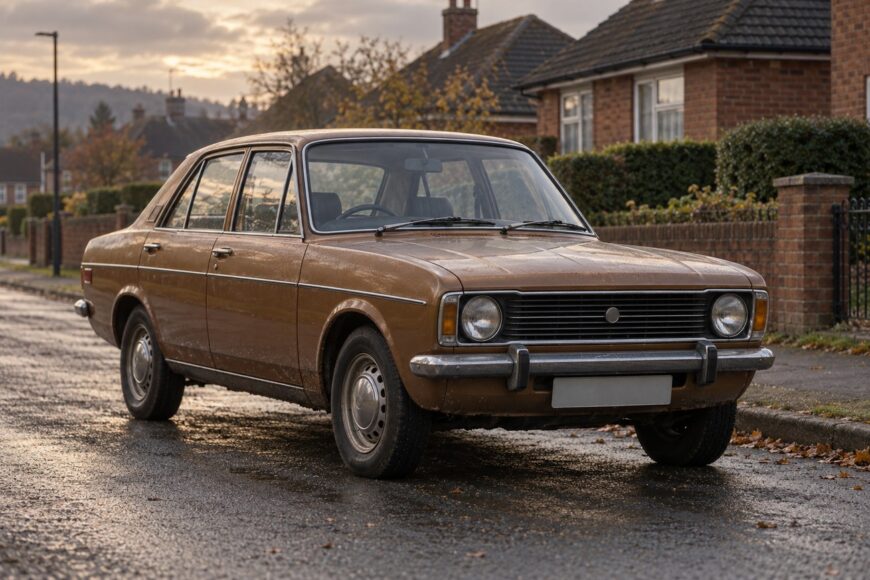 A brown vintage Morris Marina sedan parked on a wet asphalt street in a British suburban neighborhood