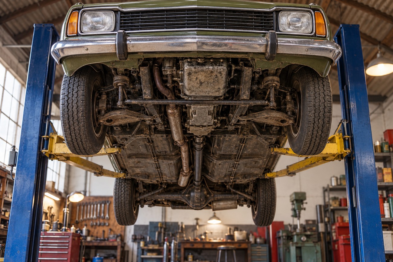 Undercarriage view of a classic green Morris Marina raised on a hydraulic car lift in a repair workshop