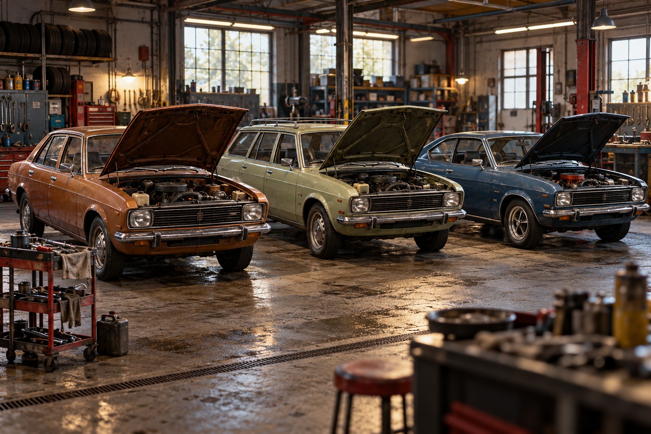 Three classic Morris Marina cars with open hoods parked inside a vintage automotive repair garage