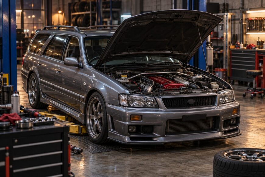 Grey Nissan Stagea 260RS wagon with open hood showing its engine inside an auto repair workshop