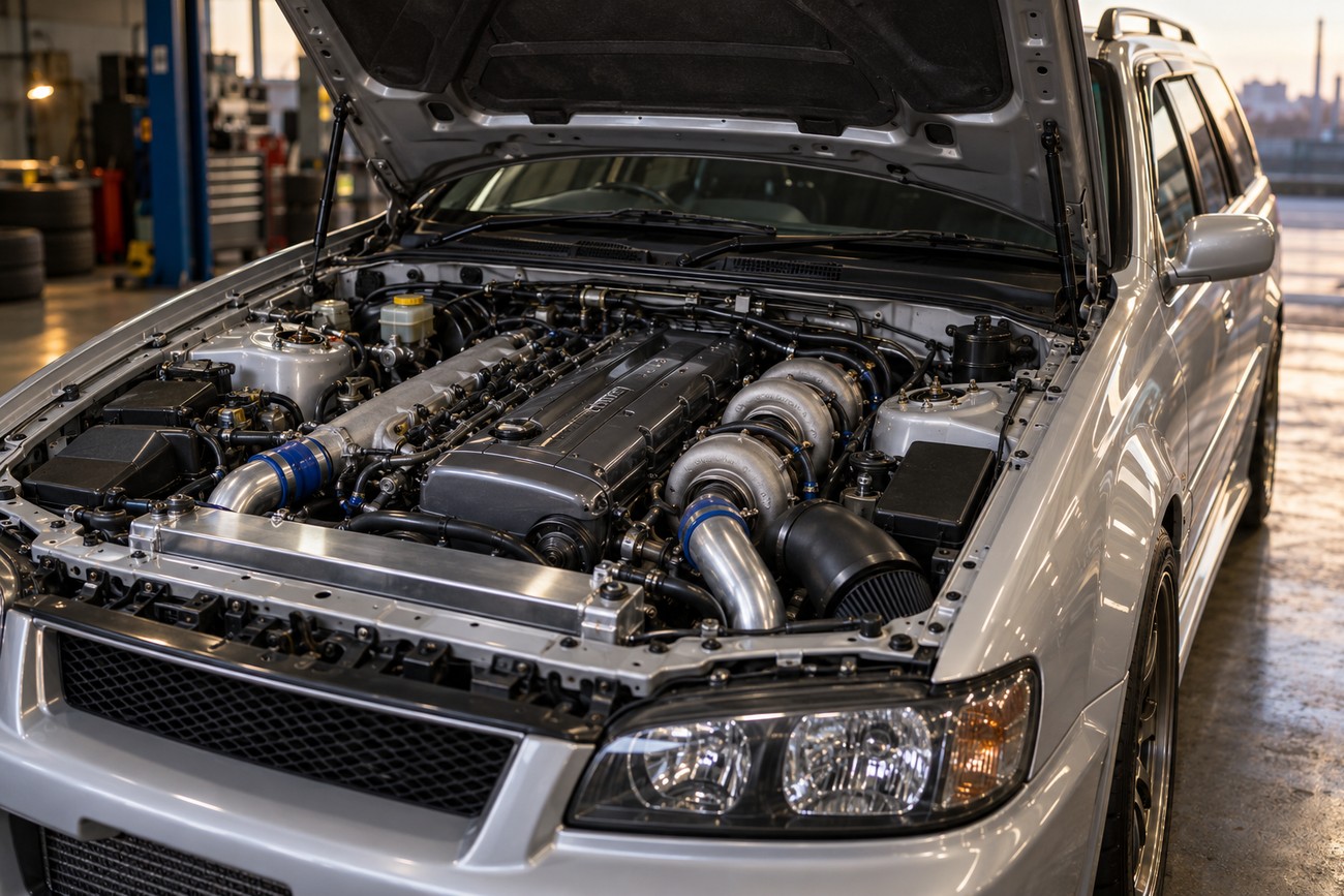 Silver Nissan Stagea 260RS station wagon with its hood open showcasing the powerful RB26DETT twin-turbo engine in a garage