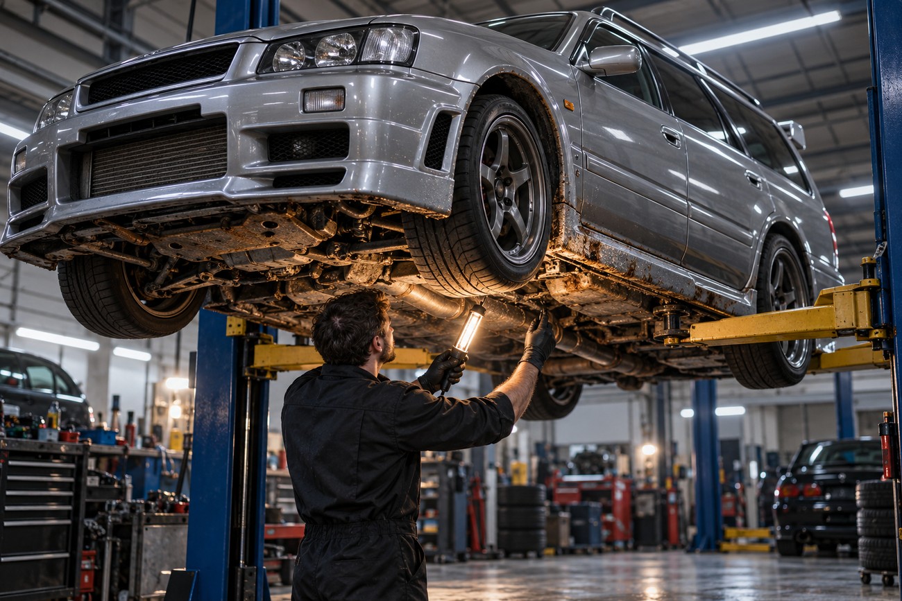 Mechanic holding a work light inspecting the undercarriage of a silver Nissan Stagea 260RS on a car lift in a workshop
