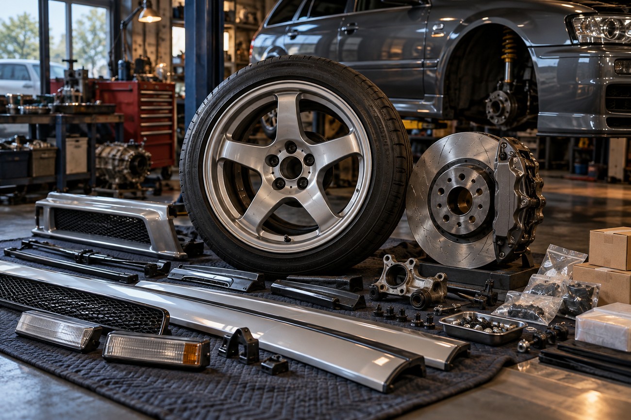 OEM alloy wheel, ventilated brake rotor, and various body panels laid out on a workshop floor with a Nissan Stagea 260RS in the background