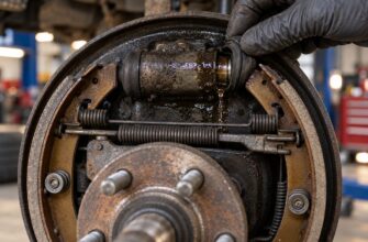 Mechanic in black gloves inspects a leaking wheel cylinder on a rusty car drum brake assembly