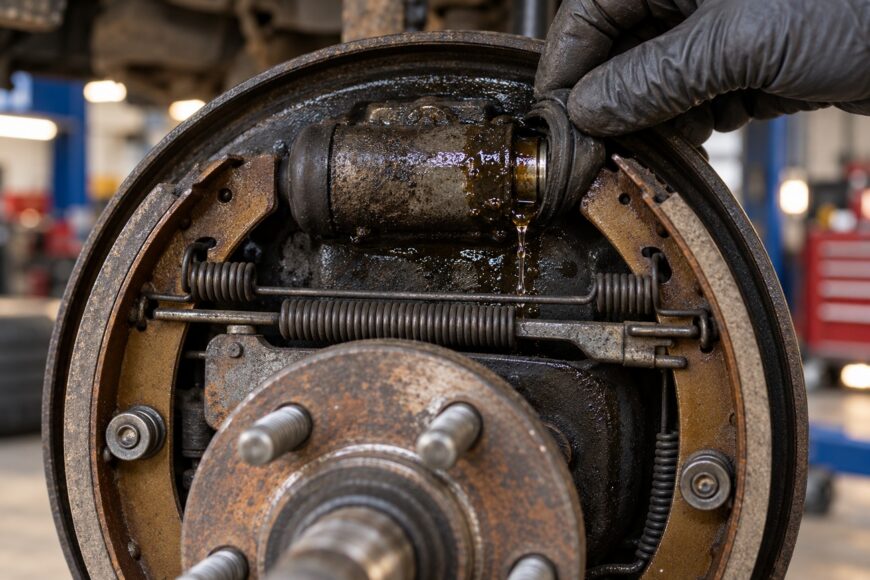 Mechanic in black gloves inspects a leaking wheel cylinder on a rusty car drum brake assembly