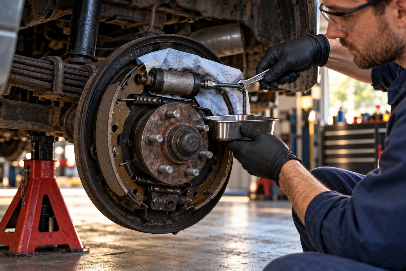 Mechanic wearing safety glasses and black gloves using a wrench on a car drum brake wheel cylinder in a garage