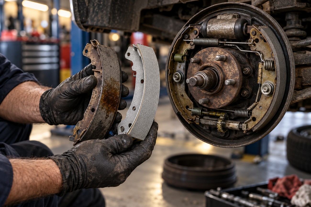Mechanic wearing gloves holding old and new drum brake shoes in front of a disassembled vehicle brake assembly