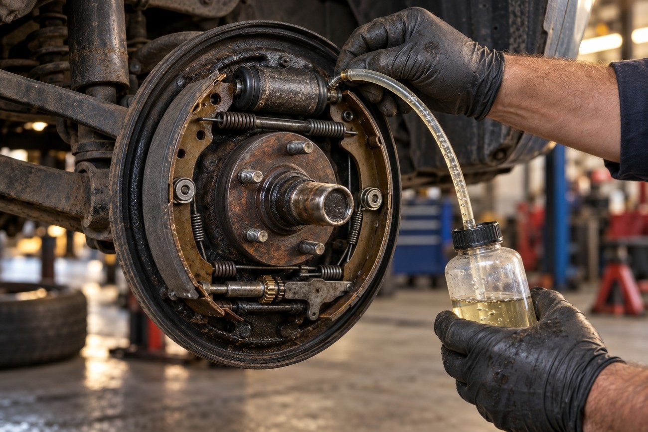 A mechanic wearing black gloves bleeding a drum brake wheel cylinder using a clear tube and a bottle in a repair shop
