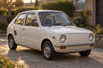 A vintage white Suzuki SC100 Whizzkid coupe parked in a driveway in the warm afternoon sunlight