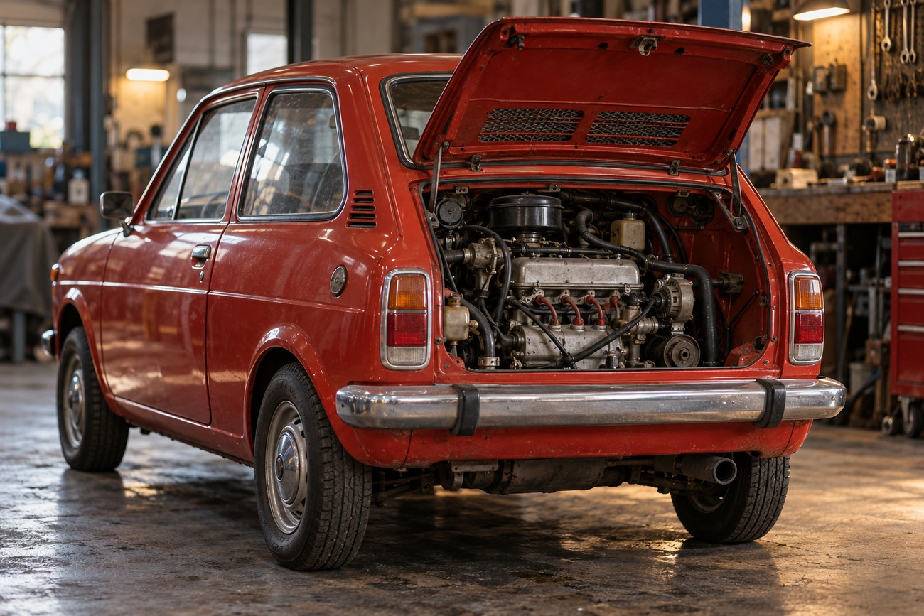 Rear view of a classic red Suzuki SC100 Whizzkid with the engine lid open inside a garage workshop