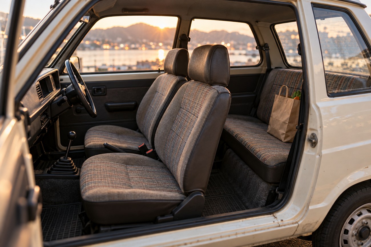 Interior view of a classic Suzuki SC100 Whizzkid showing retro fabric seats and dashboard with sunset view outside