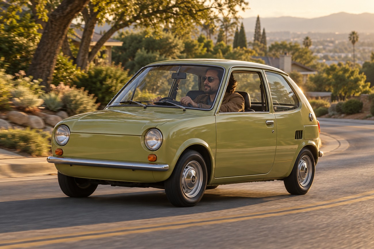 A man wearing sunglasses driving a classic yellow Suzuki SC100 Whizzkid coupe on a sunny suburban road