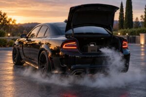 A black Dodge Charger with its trunk open containing a fog machine emitting dense smoke onto the ground