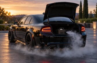 A black Dodge Charger with its trunk open containing a fog machine emitting dense smoke onto the ground
