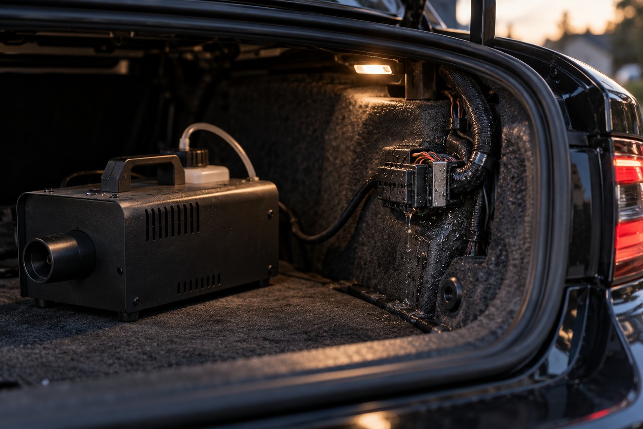 Black fog machine installed in the carpeted trunk of a modern Dodge Charger next to wiring