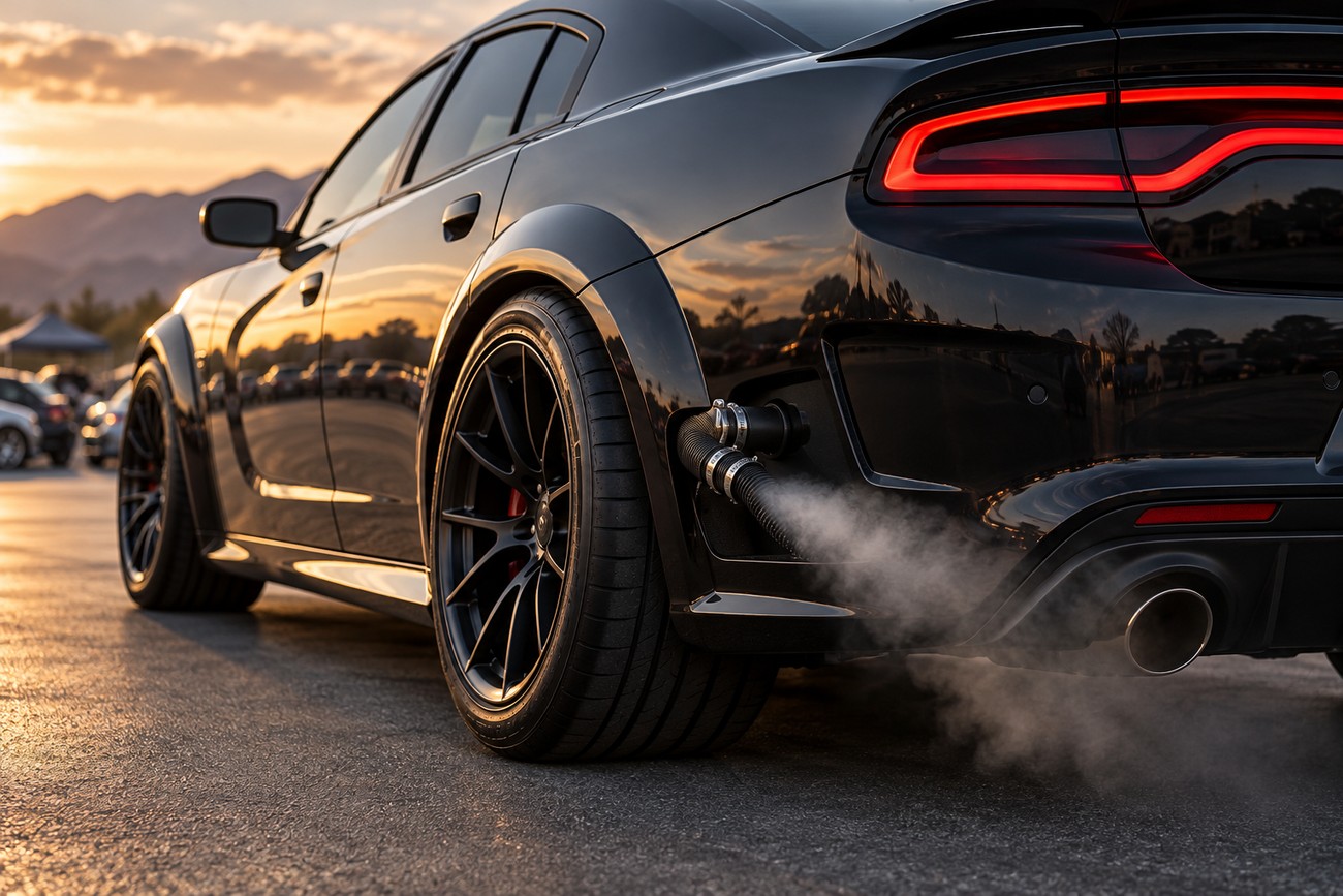 Black Dodge Charger parked outside emitting thick smoke from a hose connected near the rear wheel