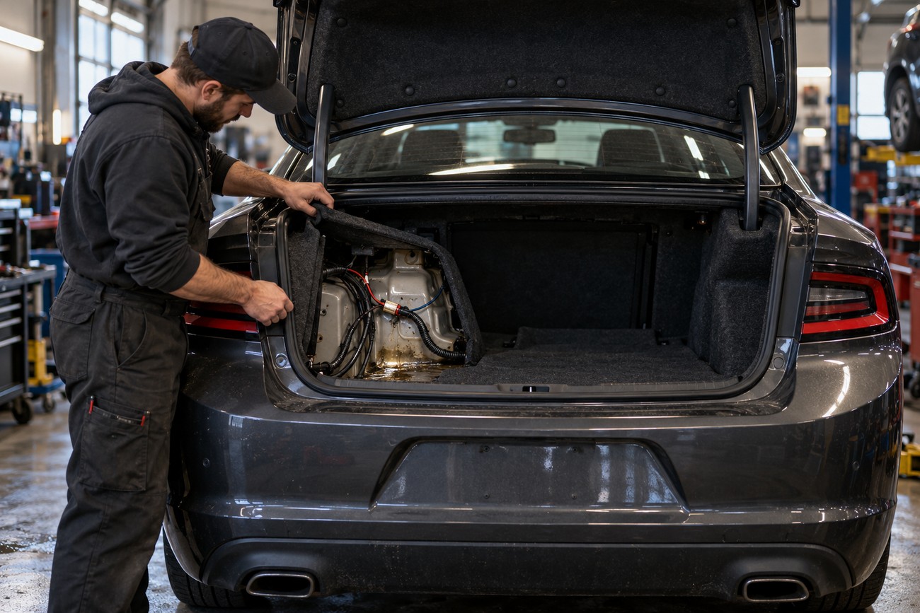 Mechanic removing trunk liner in a Dodge Charger to prepare for fog machine installation