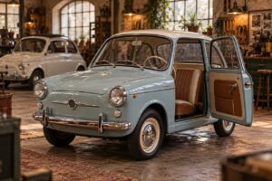 A light blue and white Autobianchi Bianchina vintage car parked in a workshop with open doors and brown interior