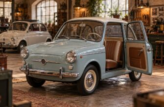 A light blue and white Autobianchi Bianchina vintage car parked in a workshop with open doors and brown interior