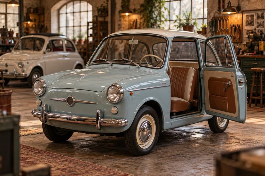 A light blue and white Autobianchi Bianchina vintage car parked in a workshop with open doors and brown interior