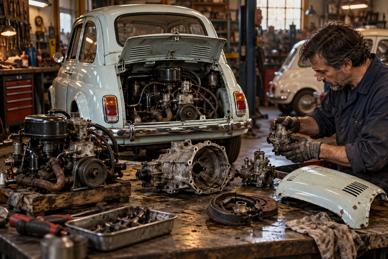 A mechanic holding a car part at a workbench with disassembled engine components and a classic car with an open rear hood in the garage