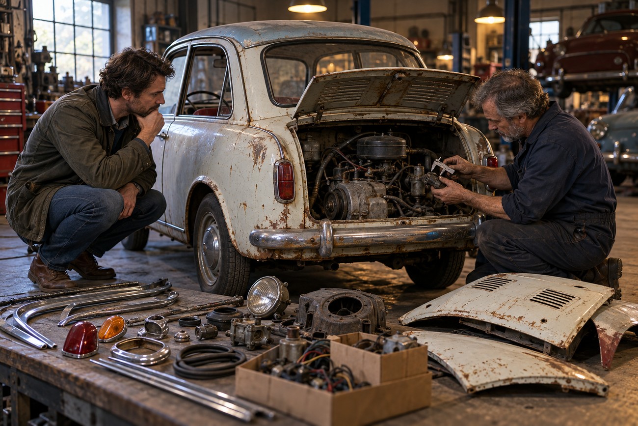 Two mechanics working on the engine and disassembled parts of a vintage Autobianchi Bianchina in a garage