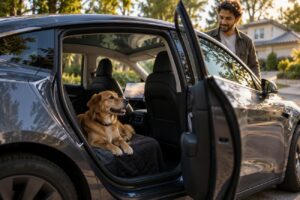 A happy golden retriever resting on the back seat of a Tesla Model 3 with open doors and owner standing nearby