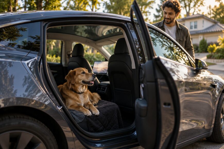 A happy golden retriever resting on the back seat of a Tesla Model 3 with open doors and owner standing nearby