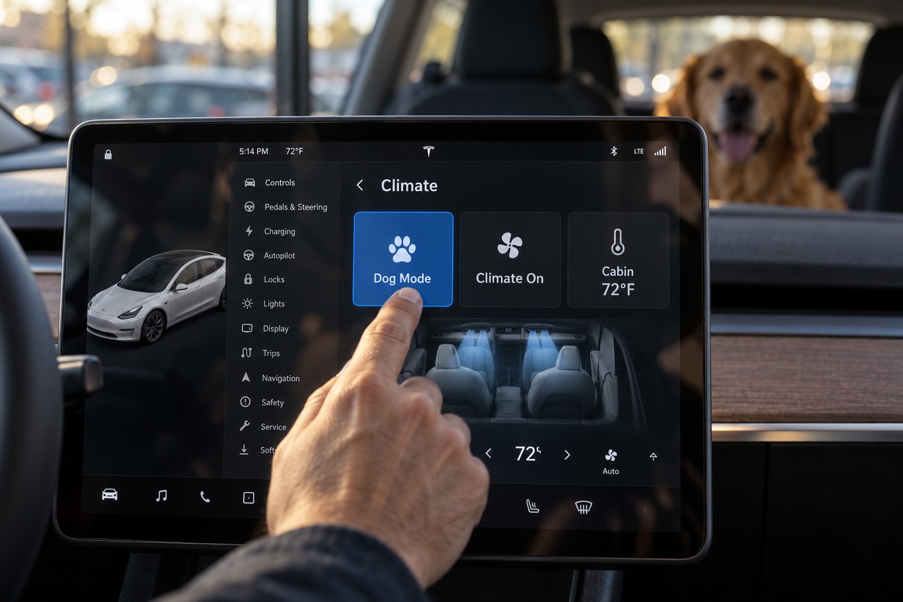 A driver pressing the Dog Mode button on the central touchscreen display of a Tesla Model 3 with a golden retriever visible in the back seat