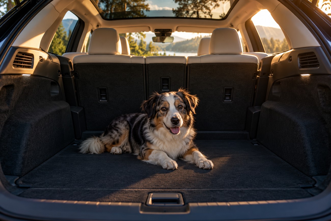 An Australian Shepherd lying in the spacious trunk of a Tesla Model 3 with a scenic view outside