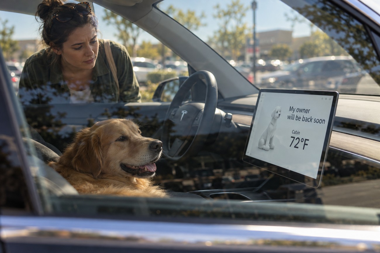 A golden retriever waits safely inside a Tesla Model 3 while the touchscreen displays Dog Mode and a woman looks in from outside